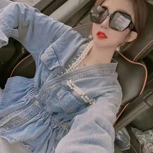 画像をギャラリービューアに読み込む, 重ね風レデイースファッションデザイン感パール付き合わせやすい不規則デニムアウター