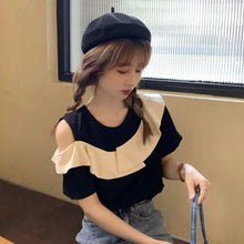 画像をギャラリービューアに読み込む, フリル裾ショルダーカラー半袖大人かわいいTシャツトップス