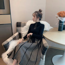 画像をギャラリービューアに読み込む, ニットチェック柄切替ニットワンピースデートワンピースリボン