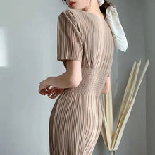 画像をギャラリービューアに読み込む, レデイースファッションストライプクルーネック無地半袖ハイウエストロングデートワンピース