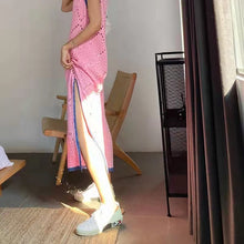 画像をギャラリービューアに読み込む, 優しい気質ピンク透かし彫りVネック配色切り替えゆったりニットセーターカジュアルワンピース