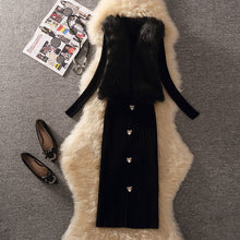 画像をギャラリービューアに読み込む, 三点セット3カラー暖かいファーベスト&無地合わせやすいトップス&ニットスカートセットアップ