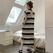 画像をギャラリービューアに読み込む, ボーダー柄配色切替ストライプ柄後ろ開きデザインカジュアルワンピース