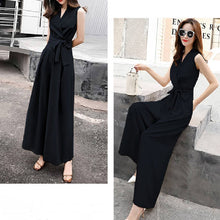 画像をギャラリービューアに読み込む, レデイースファッションVネック気質無袖無地ワイドレッグパンツハイウエスト着痩せ効果オールインワン·サロペットデートワンピース