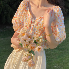 画像をギャラリービューアに読み込む, 花柄シースルーパフスリーブブラウスデートコーデトップス