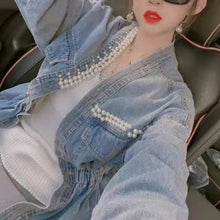 画像をギャラリービューアに読み込む, 重ね風レデイースファッションデザイン感パール付き合わせやすい不規則デニムアウター