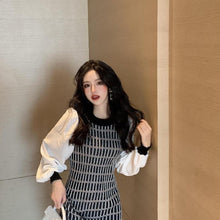 画像をギャラリービューアに読み込む, ニットチェック柄パフスリーブ切替ニットワンピースストレッチあり