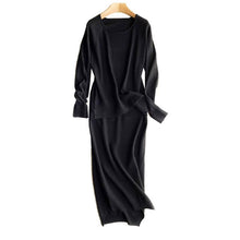 画像をギャラリービューアに読み込む, 3COLORSシンプル無地ラウンドネックニットトップス&スリットロングスカートセットアップ