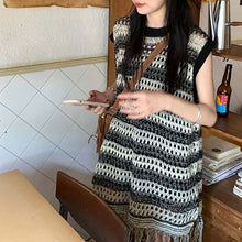 画像をギャラリービューアに読み込む, ニットタッセル配色切替ノースリーブベストワンピース