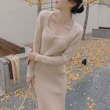 画像をギャラリービューアに読み込む, 韓国風秋冬長袖ニット気質Vネックストライプデザインスタイルロングカジュアルワンピース
