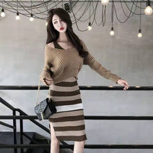 画像をギャラリービューアに読み込む, ストライプ配色着痩せ効果ニット スリングワンピース&無地コーデしやすいニットセータートップスセットアップ