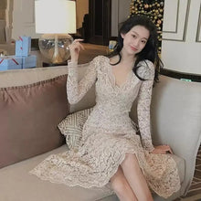 画像をギャラリービューアに読み込む, レースVネック透かし彫り袖デートワンピース二次会ドレス結婚式ドレス