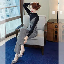 画像をギャラリービューアに読み込む, 黒ニットトップス&チェック柄ジャンプスーツワイドレッグオールインワンセットアップ(ストラップ調節可能)