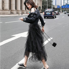 画像をギャラリービューアに読み込む, デニム切り替えメッシュサスペンダーワンピース