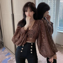画像をギャラリービューアに読み込む, レース花柄透かし彫りパフスリーブブラウストップス
