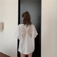 画像をギャラリービューアに読み込む, 後ろ蝶々プリント透かし彫り無地半袖Tシャツトップス
