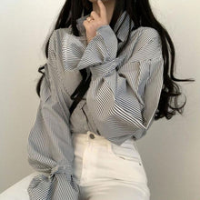 画像をギャラリービューアに読み込む, ストライプ柄フラウンススリーブシャツブラウストップス