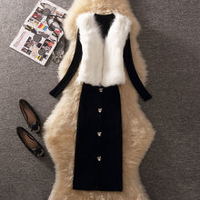 画像をギャラリービューアに読み込む, 三点セット3カラー暖かいファーベスト&無地合わせやすいトップス&ニットスカートセットアップ