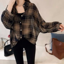 画像をギャラリービューアに読み込む, 人気 長袖シンプル折襟ボタンチェック柄ブラウス