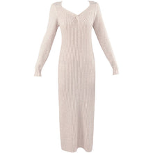 画像をギャラリービューアに読み込む, 韓国風秋冬長袖ニット気質Vネックストライプデザインスタイルロングカジュアルワンピース