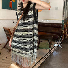 画像をギャラリービューアに読み込む, ニットタッセル配色切替ノースリーブベストワンピース