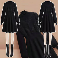 画像をギャラリービューアに読み込む, フリル裾レース切り替えデザインスタイル長袖コーデしやすいニットデートワンピース