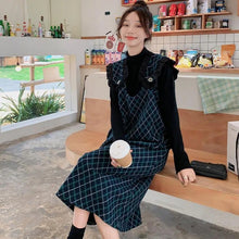 画像をギャラリービューアに読み込む, 黒トップス&フレア袖ベストワンピースチェック柄ワンピースセットアップ