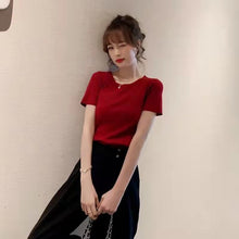 画像をギャラリービューアに読み込む, コーデしやすいクルーネックガウチョ蝶結び付き半袖スリット無地ニットセータートップス