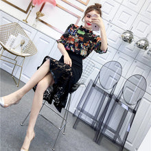 画像をギャラリービューアに読み込む, フリル裾花柄シフォントップス&無地レース切り替えスカート通勤セットアップ