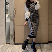 画像をギャラリービューアに読み込む, ニットチェック柄パフスリーブ切替ニットワンピースストレッチあり