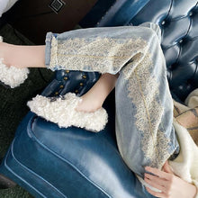 画像をギャラリービューアに読み込む, ブルーレース切り替えカジュアルコーデしやすいハイウエスト着痩せ効果カジュアルパンツ