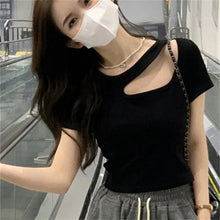 画像をギャラリービューアに読み込む, ショルダー肩開きデザイン半袖シンプル日常Tシャツトップス