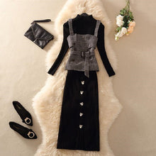 画像をギャラリービューアに読み込む, 美人度アップ三点セット無地ニットトップス&チェック柄ベスト&ハイウエストスカートセットアップ