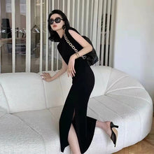 画像をギャラリービューアに読み込む, INS大流行ブラック無地レトロデザインスタイル肩パッド付きスリットロングデートワンピース