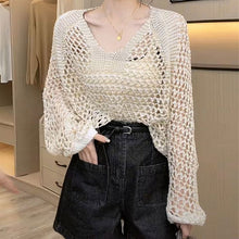 画像をギャラリービューアに読み込む, 透かし彫りリゾートパフスリーブ編むデザインコーデしやすいトップス