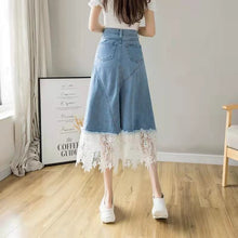 画像をギャラリービューアに読み込む, ハイウエストデニムレース切り替え不規則デザインロングAラインスカート