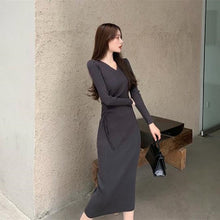 画像をギャラリービューアに読み込む, 2カラー選択無地気質Vネック長袖ファッションニットロングデートワンピース