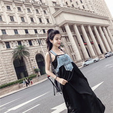 画像をギャラリービューアに読み込む, デニム切り替え大振り子マキシワンピースサスペンダーワンピース(調節可)