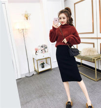画像をギャラリービューアに読み込む, ハイネックふわふわニットセーター&黒ニットスカートセットアップ