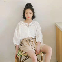 画像をギャラリービューアに読み込む, ホワイト無地手触り良くレース切り替え透かし彫りデザインスタイルシャツ・ブラウストップス