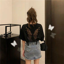 画像をギャラリービューアに読み込む, 後ろ蝶々プリント透かし彫り無地半袖Tシャツトップス
