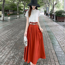 画像をギャラリービューアに読み込む, フレンチ袖白ブラウス&無地ロングスカートセットアップ(ベルト付き)