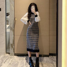 画像をギャラリービューアに読み込む, ニットチェック柄パフスリーブ切替ニットワンピースストレッチあり