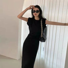 画像をギャラリービューアに読み込む, INS大流行ブラック無地レトロデザインスタイル肩パッド付きスリットロングデートワンピース