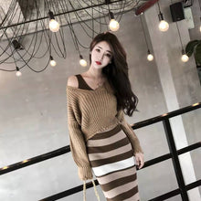 画像をギャラリービューアに読み込む, ストライプ配色着痩せ効果ニット スリングワンピース&無地コーデしやすいニットセータートップスセットアップ