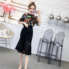 画像をギャラリービューアに読み込む, フリル裾花柄シフォントップス&無地レース切り替えスカート通勤セットアップ