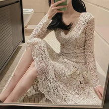 画像をギャラリービューアに読み込む, レースVネック透かし彫り袖デートワンピース二次会ドレス結婚式ドレス