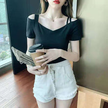 画像をギャラリービューアに読み込む, オフショルダーTシャツ 着痩せ効果半袖無地シャツ・ブラウス