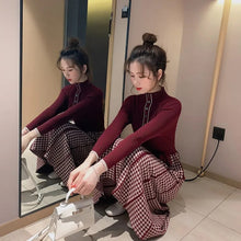 画像をギャラリービューアに読み込む, ニットチェック柄切替ニットワンピースデートワンピースリボン