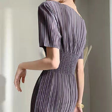 画像をギャラリービューアに読み込む, レデイースファッションストライプクルーネック無地半袖ハイウエストロングデートワンピース